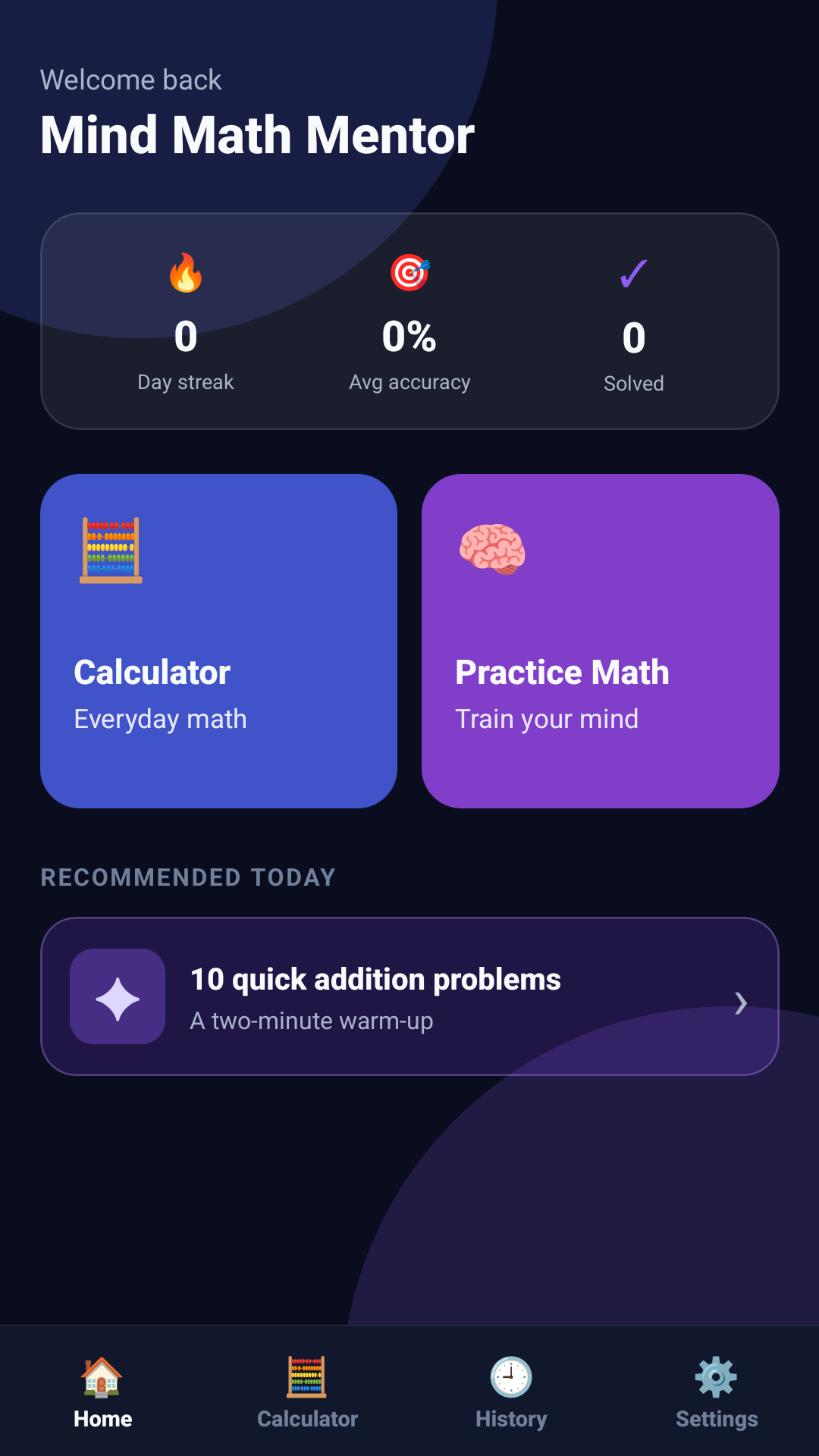 Mind Math Mentor home screen